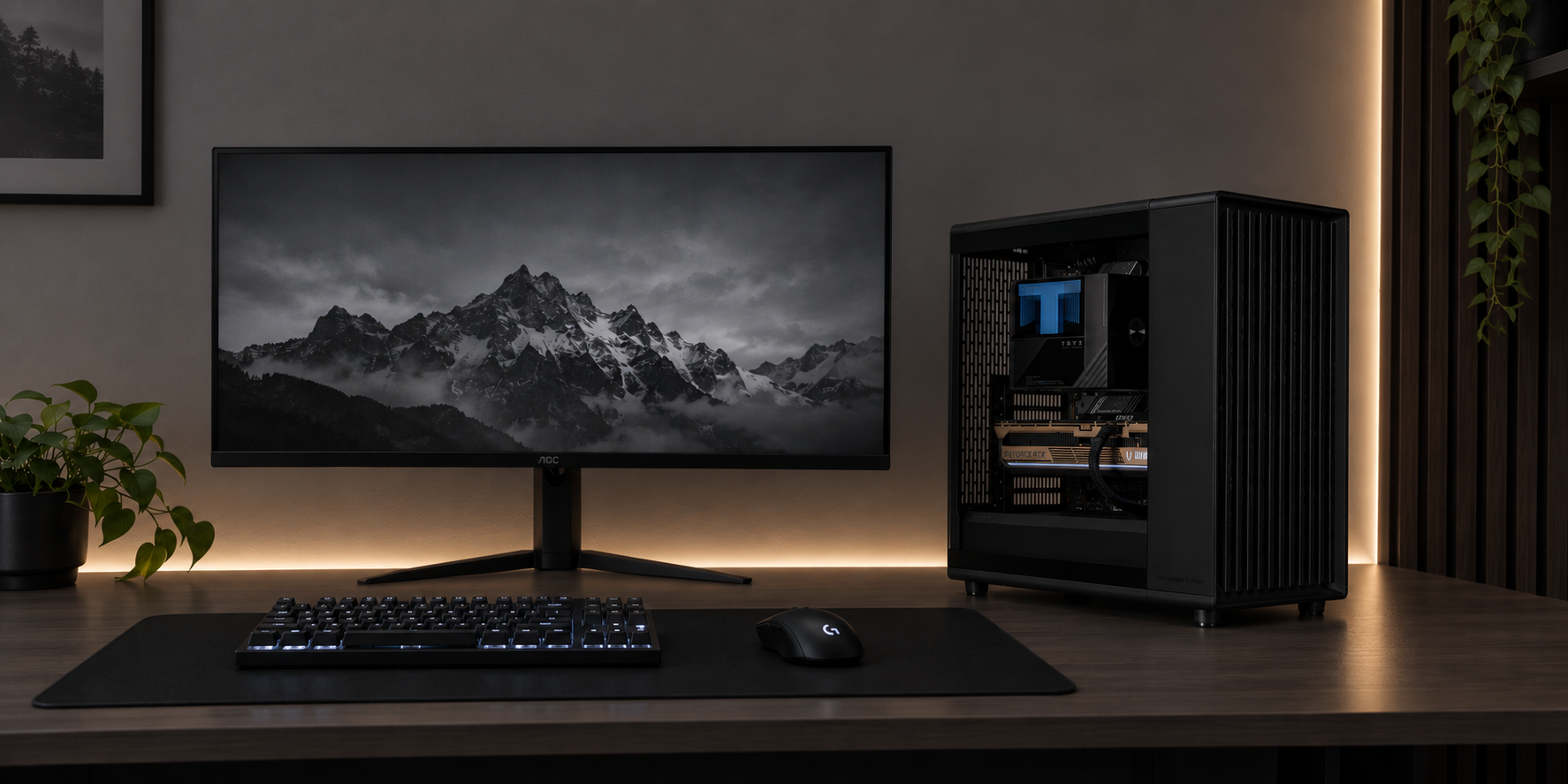 PC gamer à façade en chêne noirci installé sur un bureau