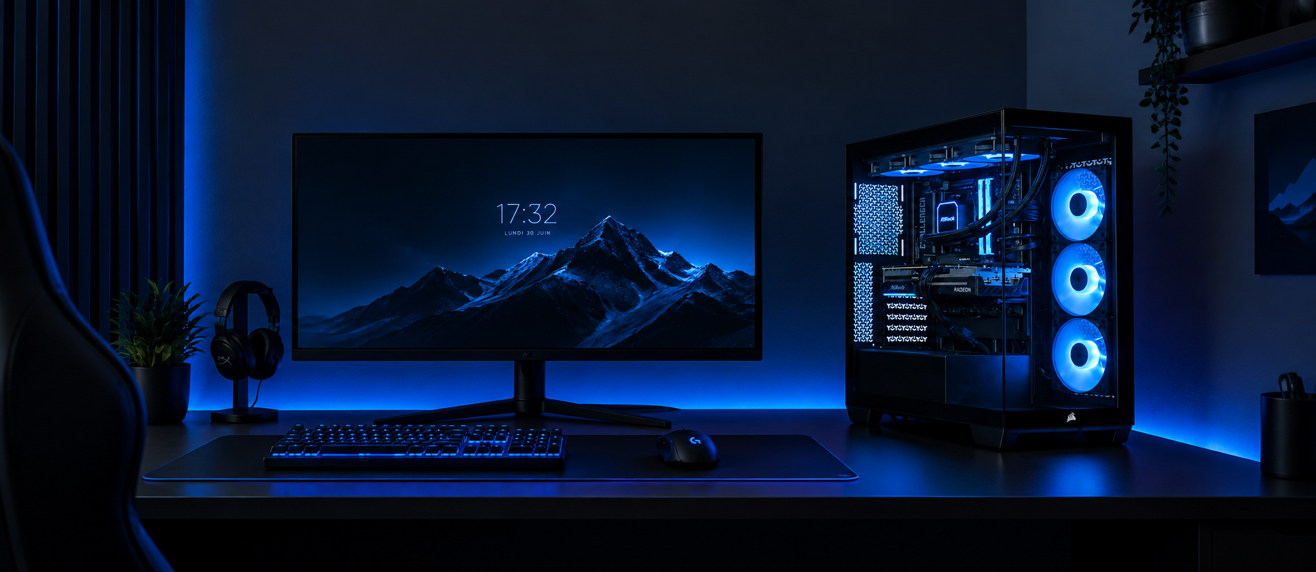 Setup gaming avec ASRock AMD Radeon RX 9070 XT Challenger 16 Go et AMD Ryzen 7 7800X3D (4.2GHz/5.0GHz)