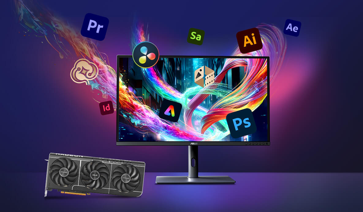 Écran de bureau entouré des logos des applications Adobe